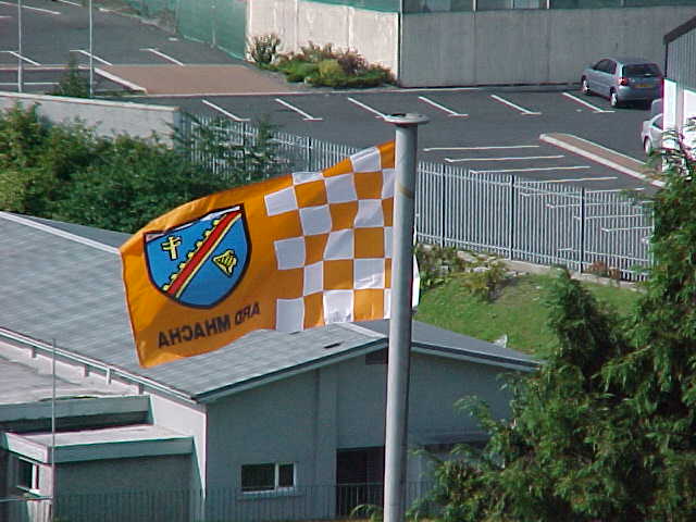 Armagh flag flutters in the wind at the Abbey