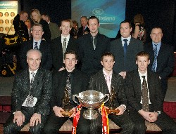 Abbey Grammar Celebrate pictured are Mr Val Kane, Mr Frank Quinn, Mr Mark Grogan, Mr Sean Gallagher, Mr John Rath - Mr Dermot McGovern (Headmaster), Kevin McKernan, Kevin Dyas, Mr Jody Gormley along with the MacRory Cup