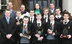 Pictured here are the members of the Irish department in the Abbey Christian Brothers Grammar School, Mr. Maurice Mc Kevitt, Mr. Sean Gallagher, Mrs Pauline McClean and Mr. Desmond Tennyson with the winners of the annual Abbey oral awards for the most fluent speakers of Irish in each year group.  Also in the photograph is the Vice-Principal, Mr Paul OShea  Abbey Grammar School, Newry
 