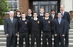 Mr Dermot Mc Govern, Headmaster congratulates the top achievers in this years GCSE examinations.  Eight boys achieved an outstanding 11 A*/A grades or above.  Included are Damian Mc Parland, Martin Davidson, Fergal Mc Alinden, Ronan Mc Donald, John Paul OHare, Homesh Sayal and Conor Sweeney.  Also included are Vice Principals Mr Ronan Ruddy and Mr Paul OShea.  Missing from the photo is Stephen Campbell.