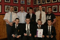 Abbey Technology pupils that won awards at the Young Engineers for Britain Competition at the Odyssey Arena in Belfast are congratulated by their teachers. Back row (l-r) Mr. John Rath, Senior Teacher, Mr. Tony Mooney, Head of Technology, Darren Marshall, Mr. Mark Rogers, Technology teacher and Mr. Sean Higgins, Technology technician. Front row (l-r) Keith Mooney, Vincent ORourke, John McAteer and James McClean. Missing are Mr. Gerard Savage, Gavin Myres, Ryan OHare, Rory ORorke, Sean Donnelly and Michael Stanyer.