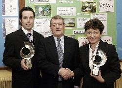 Abbey Grammar teachers win awards at ESAT BT Young Scientist and Technology Competition. Mrs. Margaret Lane, Head of Biology and Mr. Mark Rodgers, Technology teacher is congratulated by Mr. Val Kane, Vice-Principal  for winning a British Council Teacher Award each at this years ESAT BT Young Scientist and Technology Competition in the RDS, Dublin.
