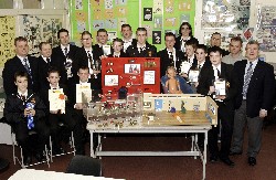 Abbey Christian Brothers' Grammar School, Newry Technology  Department are congratulated by Mr. Val Kane, Vice-Principal after scooping numerous awards at this years annual ESAT BT Young Scientist and Technology Exhibition. Included are pupils James McClean, Ryan Devlin, David McGovern, Vincent O'Rourke, Gavin Myers, Gerard McGarvey, John McAteer, Michael Stanyer, Rory O'Rorke, Ryan O'Hare, Sean Donnelly, Keith Mooney and Darren Marshall. Staff that have assisted include Technology teachers Mr. Gerard Savage and Mr. Mark Rodgers, Mr. John Rath, Senior Teacher, Sean Higgins (Technology technician) and Mr. Tony Mooney, Head of Technology. 